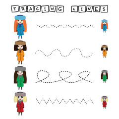 Tracing lines game with beauty dolls. Worksheet for preschool kids, kids activity sheet, printable worksheet