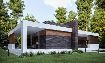 3D render of a modern one-story house surrounded by forest. Modern architecture