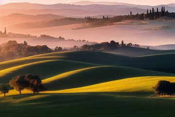 Tuscan rolling hills with cypresses and oak trees at sunset, during a hazy golden hour,...