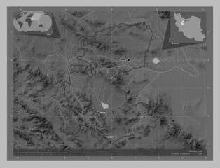 Markazi, Iran. Grayscale. Labelled points of cities