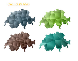 Set of vector polygonal maps of Switzerland. Bright gradient map of country in low poly style. Multicolored Switzerland map in geometric style for your infographics. Creative vector illustration.