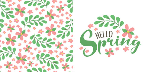 spring floral seamless pattern with simple pink flower and leaves on white background and script lettering text Hello Spring. Cute natural background. Idea for fashion springtime textile design. © Caelestiss
