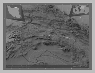 North Khorasan, Iran. Grayscale. Labelled points of cities