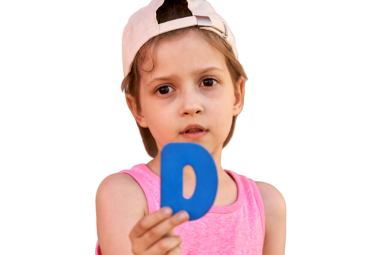 The concept of vitamin d. A little girl in a cap holds the letter D on her outstretched hand. Isolated on white background. - Powered by Adobe