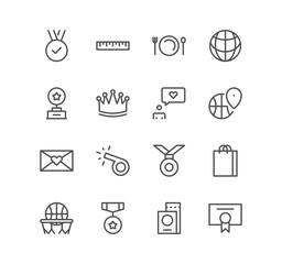 Set of lifestyle and entertainment icons, world, basketball, envelope, victory, passport, crown and linear variety vectors.