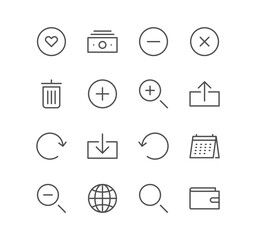 Set of interface and web icons, download, magnifying glass, wallet, refresh, navigation and linear variety vectors.