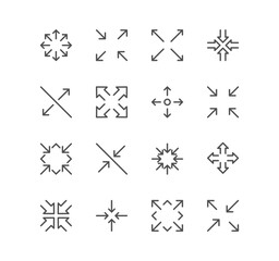 Set of arrow and technology icons, size, scale, decrease, edit, resize, line, view, reduce and linear variety vectors.
