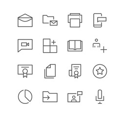 Set of interface and technology icons, mail, folder, printer, message, video, add, star, copy, chart, microphone and linear variety vectors.
