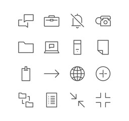 Set of interface and technology icons, world, phone, device, folder, briefcase, size, screen, mail, document and linear variety vectors.
