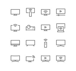 Set of television and technology icons, monitor, screen, video, play, wireless, wide, device and linear variety vectors.
