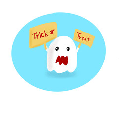Cute ghost holding board with Trick or treat. 