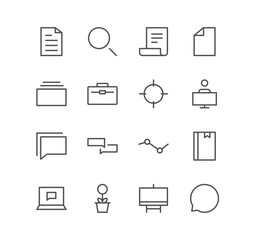 Set of business and office icons, bag, folder, printer, communication, card and linear variety vectors.

