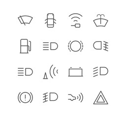 Set of car dashboard and control button icons, brake, fuel, battery, safety, fog, and linear variety vectors.
