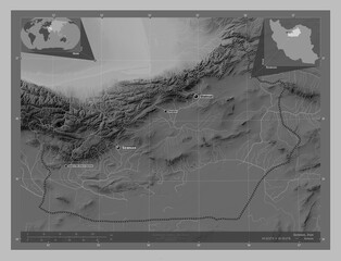 Semnan, Iran. Grayscale. Labelled points of cities