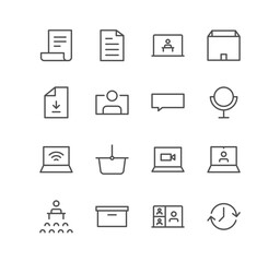 Set of business and communication icons, paper, chat bubble, time, download, presentation, document and linear variety vectors.
