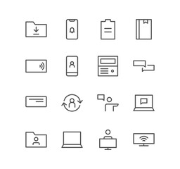 Set of business and communication icons, folder, talk, presentation, chat, book, laptop and linear variety vectors.
