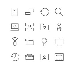 Set of business and communication icons, mouse, folder, growth, online, message, magnifying glass, calculator and linear variety vectors.
