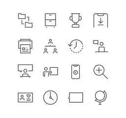 Set of business and communication icons, search, meeting, presentation, phone, time, and linear variety vectors.
