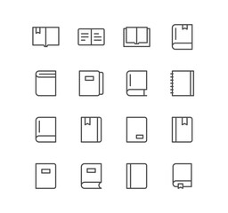 Set of book and learning icons, page, organizer, bookmark, textbook and linear variety vectors.
