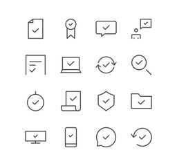 Set of approve and check icons, tick, choice, shield, document, folder and linear variety vectors.
