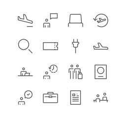 Set of airport and travel icons, departure, arrival, tourism, flight, plane, ticket and linear variety vectors.
