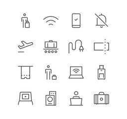 Set of airport and travel icons, departure, arrival, tourism, flight, plane, ticket and linear variety vectors.
