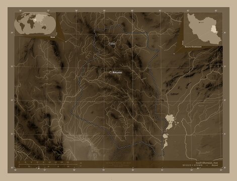 South Khorasan, Iran. Sepia. Labelled points of cities