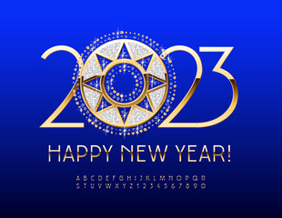 Vector luxury Greeting Card Happy New Year 2023 with Gold and Diamond Snowflake! Golden Slim Font. Chic Alphabet Letters and Numbers. 