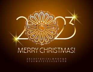 Vector chic Greeting Card Merry Christmas 2023 with Gold and Diamond Snowflake. Luxury Trendy Font. Artistic Alphabet Letters and Numbers