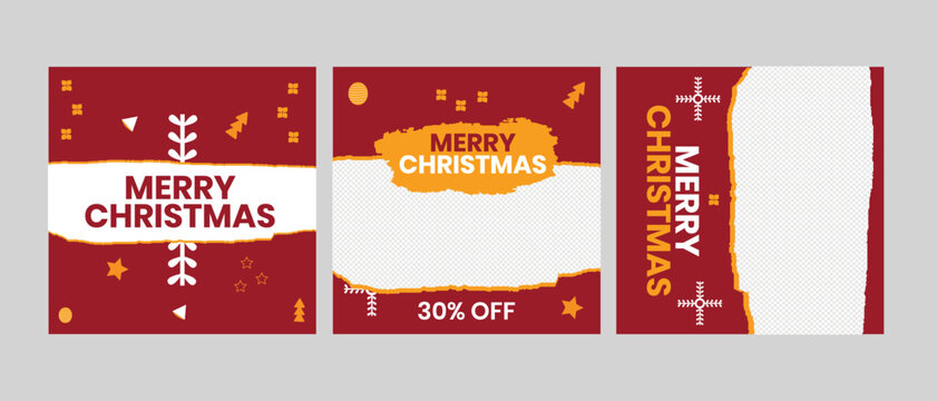 Set of editable square christmas banner templates. Christmas sale offer post template with photo background. Red social media, post, gift, illustration ads