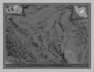 Yazd, Iran. Grayscale. Labelled points of cities