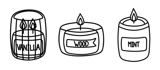 Single hand drawn doodle candles for New Year and Xmas greeting cards, posters, stickers and seasonal design. Decorative wax candles Wood, Mint and Vanilla for relax and spa.