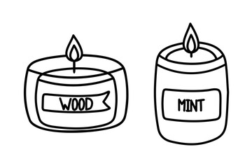 Single hand drawn doodle candles for New Year and Xmas greeting cards, posters, stickers and seasonal design. Decorative wax candles Wood and Mint for relax and spa.
