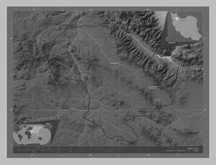 Zanjan, Iran. Grayscale. Labelled points of cities