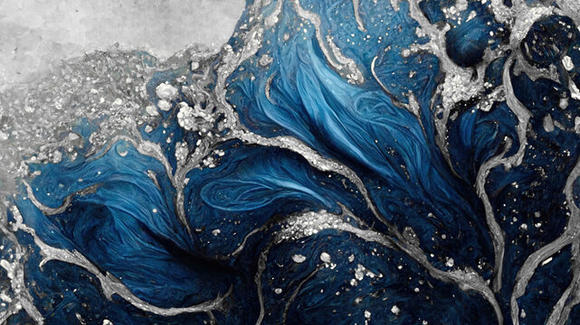 Spectacular high-quality abstract background of a whirlpool of dark blue and white. Digital art 3D illustration. Mable with liquid texture like turbulent waves.