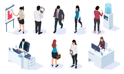 Obraz na płótnie Canvas Isometric set of working people, employees isolated on white background. Businessman and businesswoman characters office design. Business man and woman, managers staff collection. Vector illustration