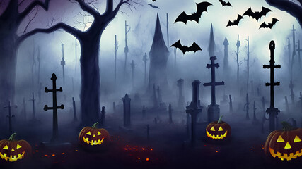 Halloween night background illustration with spooky cemetery, bats, creepy fog, dark and mysterious forest, happy halloween.