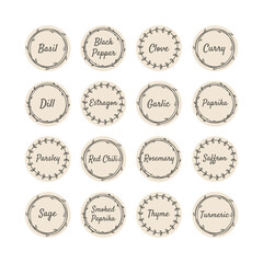 Spices and herbs vector label set for kitchen jar. Spice ellipse floral wreath vintage stickers.