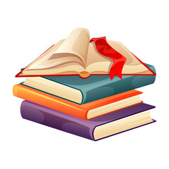 Open book with red bookmark on stack of colorful library books isolated on white background. Back to school. Tradicional literature novel story, learning history for college exam. Vector illustration