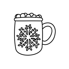Winter dessert drink. A cup of hot chocolate with marshmallows. Vector doodle illustration cartoon flat icon isolated on white.