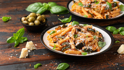 Zucchini penne pasta with parmesan cheese, basil and tomato. Healthy food