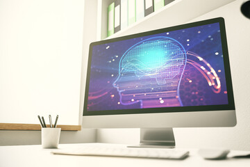 Fototapeta premium Modern computer screen with creative human head microcircuit. Future technology and AI concept. 3D Rendering