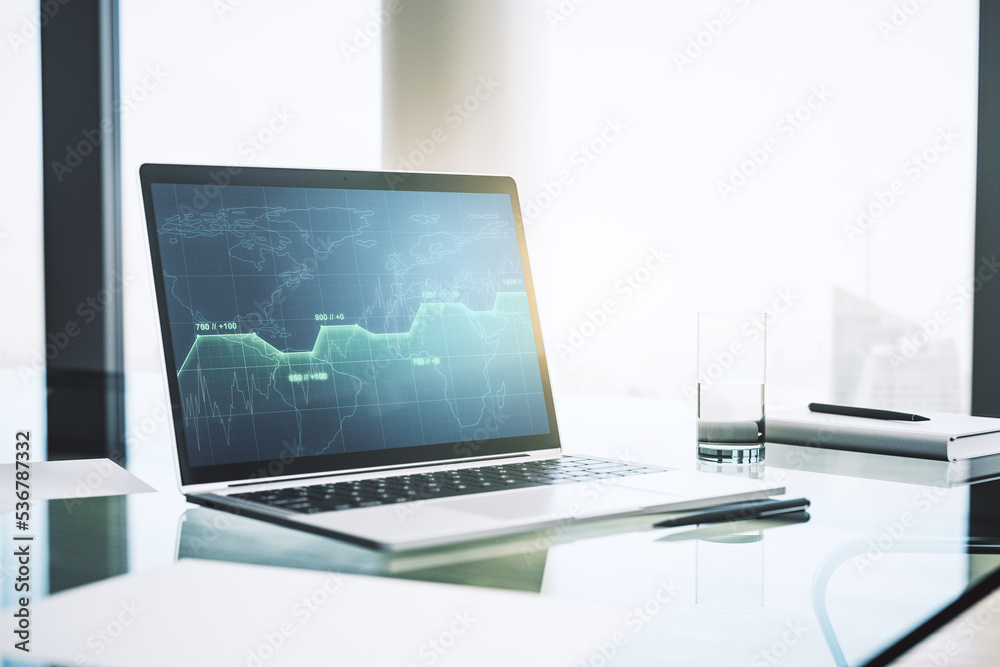 Poster abstract creative statistics data hologram on modern computer monitor, analytics and forecasting con