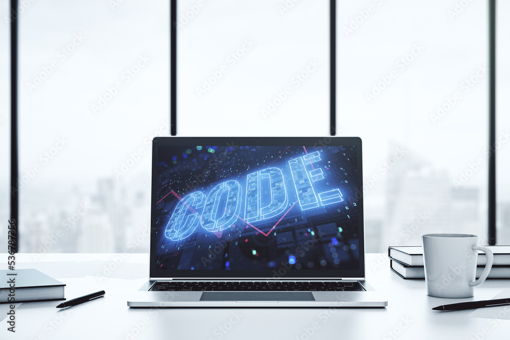 Fototapete creative code word sign on modern computer monitor, international software development concept. 3d r