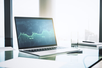 Abstract creative statistics data hologram on modern computer monitor, analytics and forecasting concept. 3D Rendering