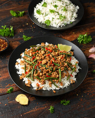 Pork Stir Fry with Green Beans, rice, garlic, chili and ginger. Asian food.