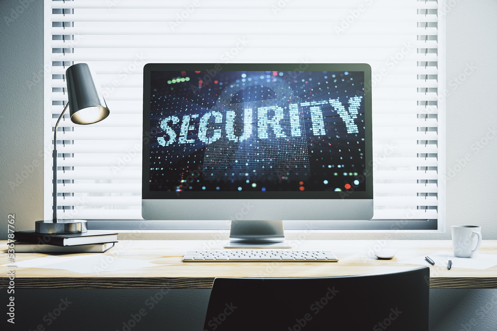 Poster cyber security creative concept on modern laptop monitor. 3d rendering