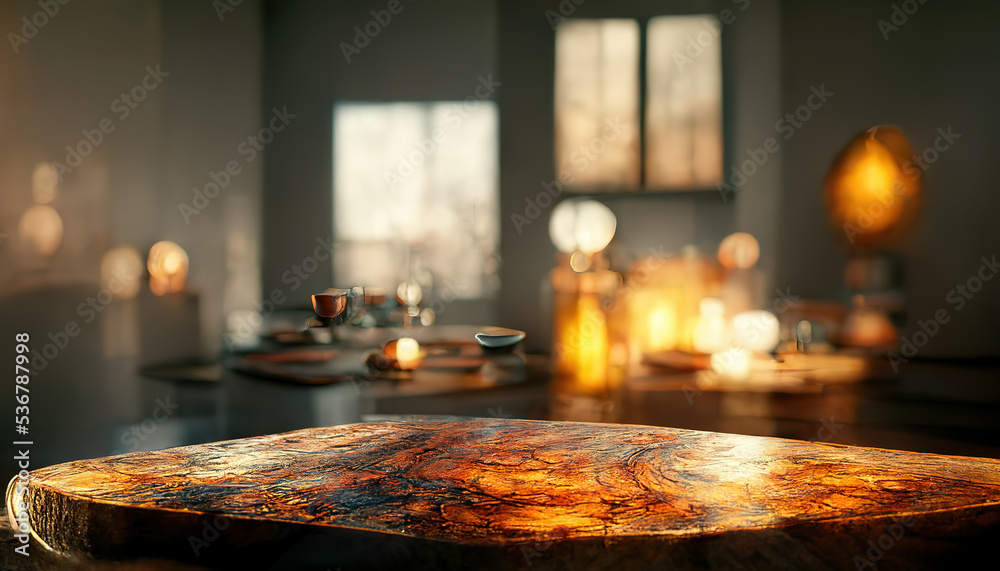 Wall mural wooden table with golden candle template blurred background.