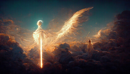 Beautiful illuminated light shining wings angel holding flaming sword