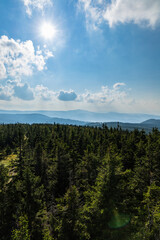 Beautiful panorama of Golden Mountains seen from top of observation tower at Czernica mountain